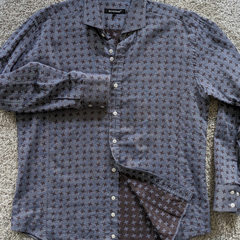 Bogosse Shirt Mens Size 6 (2X) Chambray Blue Brown Geometric Long Sleeve Button - Picture 2 of 8